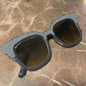 Jimmy Choo, sparkle, sunglasses and gray with sunglass case.